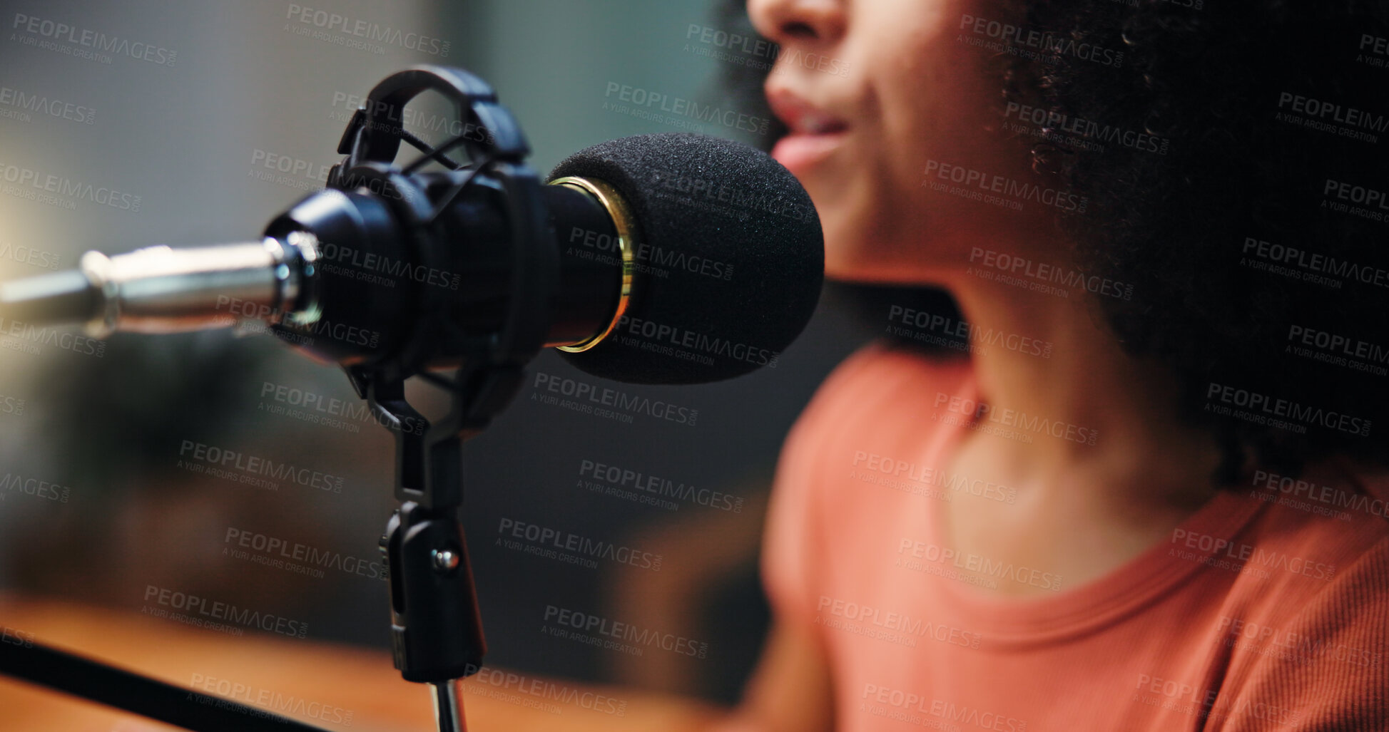Buy stock photo Mic, talking and woman in studio for podcast, recording broadcast and interview for radio show. Media agency, content creation and person with equipment for conversation, host and chat on live stream