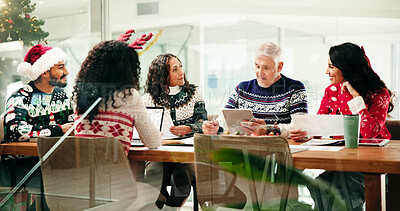 Buy stock photo Christmas, group and business people in office for planning, brainstorming or finance report. Tablet, collaboration and discussion with manager for investment proposal, paperwork and solution on xmas