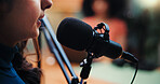 Mic, mouth and woman in studio for podcast, recording broadcast and interview for radio show. Media agency, content creation and person with equipment for conversation, talking or chat on live stream