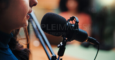 Buy stock photo Mic, mouth and woman in studio for podcast, recording broadcast and interview for radio show. Media agency, content creation and person with equipment for conversation, talking or chat on live stream