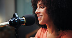 Podcast, studio and happy woman with mic talking for radio show, interview and broadcast subscription. Influencer, content creation and person for interview, conversation and host on live stream
