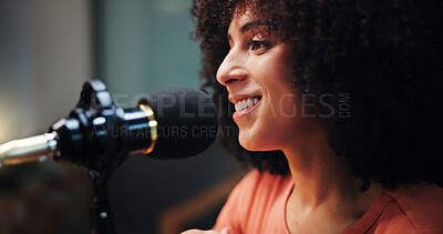 Buy stock photo Podcast, studio and happy woman with mic talking for radio show, interview and broadcast subscription. Influencer, content creation and person for recording, conversation and host on live stream