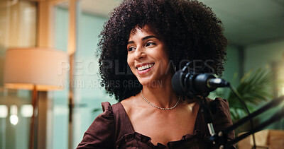 Buy stock photo Podcast, happy and woman with mic in studio for radio show, interview and broadcast subscription. Influencer, content creation or African person for recording, conversation or hosting for live stream