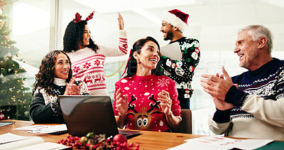 Buy stock photo Christmas, colleagues and applause in boardroom, celebration or high five for sales, graph or chart. Team, meeting and people with smile for financial growth, clapping or holiday success for business
