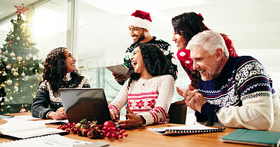 Buy stock photo Celebration, colleagues and laptop in meeting, Christmas or happy for financial success or laughing. Online, boss and people with Xmas sweater in festive season, excited and achievement for business