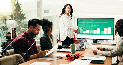 Buy stock photo Christmas, presentation or review with business people in boardroom for December sales performance. Computer screen, documents or meeting with employee team in office for xmas charts or graphs update