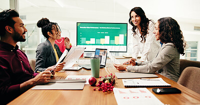 Buy stock photo Collaboration, meeting and review with business people in boardroom for December sales performance. Computer screen, documents and laptop with employee team in office for charts or graphs discussion
