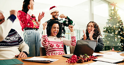 Buy stock photo Happy, colleagues and applause in meeting, Christmas and excited for financial success in boardroom. Cheering, people and business growth in festive season, smile and celebration for sales on holiday