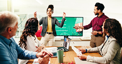 Buy stock photo Serious, presentation and people in boardroom, talk and planning for holiday campaign and Christmas. Collaboration, man and woman with monitor for pitch, festive season or marketing strategy for xmas