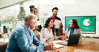 Buy stock photo Christmas, meeting and business people in office for statistics with budget planning in collaboration. Discussion, xmas and financial managers with documents and computer for investment graphs.