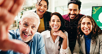 Buy stock photo Selfie, happy and portrait of business people in office for about us, memory or company social media. Smile, team building and financial employees with photography picture for bonding together.