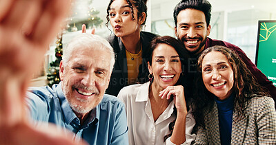Buy stock photo Selfie, team building and portrait of business people in office for about us, memory or company Christmas. Smile, POV and financial employees with photography picture for bonding together with xmas