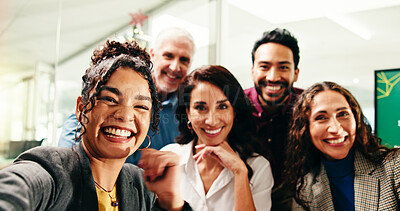 Buy stock photo Selfie, excited and portrait of business people in office for about us, memory or company social media. Happy, team building and financial employees with photography picture for bonding together.