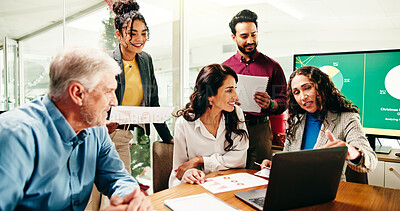 Buy stock photo Laptop, discussion and business people in office for statistics with budget planning for christmas party. Meeting, xmas and financial managers with documents and computer for investment graphs.