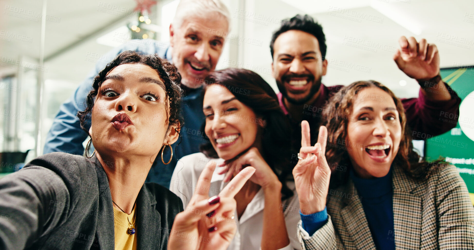 Buy stock photo Selfie, goofy and portrait of business people in office for about us, memory or company social media. Funny, team building and financial employees with photography picture POV for bonding together.