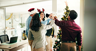 Buy stock photo Business people, champagne toast and Christmas party at office, celebration or festive event with group at company. Happy team, glass and xmas with alcohol drinks, circle and sparkling wine at agency