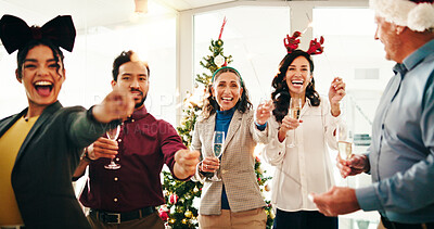 Buy stock photo Business people, champagne and sparkler for Christmas party, celebration or festive event with group at office. Happy team, glass and xmas with portrait, fireworks and excited with smile at agency