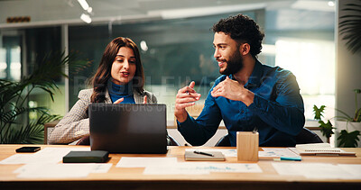 Buy stock photo Collaboration, explain and laptop with business people in office together for meeting or planning. Computer, ideas and strategy with happy employee team at desk in workplace for problem solving