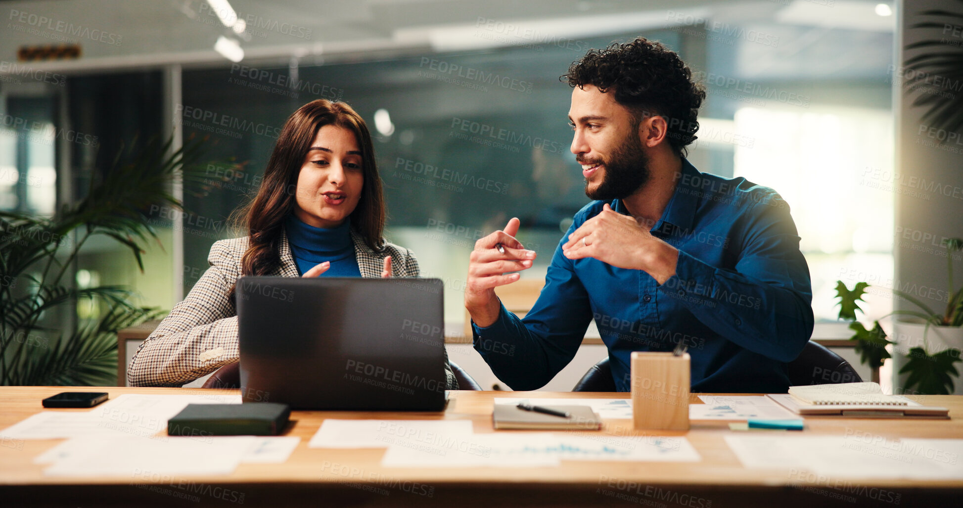 Buy stock photo Collaboration, explain and laptop with business people in office together for meeting or planning. Computer, ideas and strategy with happy employee team at desk in workplace for problem solving