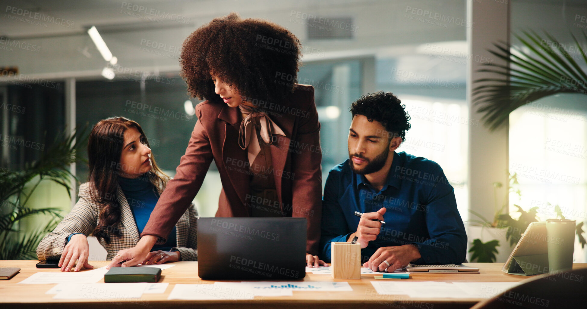 Buy stock photo Collaboration, feedback and laptop with business people in office for education or training. Coaching, computer and review with employee team at desk in workplace for project management or update