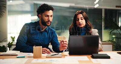 Buy stock photo Discussion, laptop and teamwork with business people in office together for meeting or planning. Computer, conversation or strategy with man and woman employee at workplace desk for problem solving