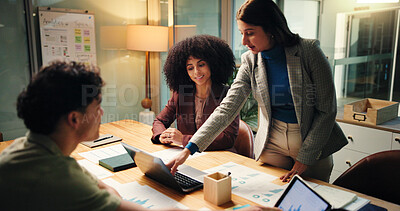 Buy stock photo Online, discussion and people with laptop, data analysis and report for campaign, meeting and night. Working late, collaboration and group with tech for stats, digital or planning with graph or chart