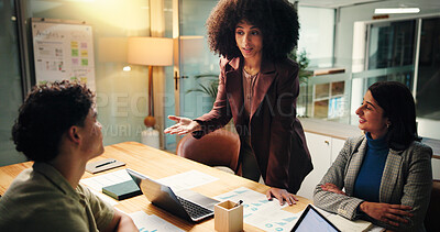 Buy stock photo Coaching, collaboration and laptop with business people in office for education or training. Computer, feedback and review with employee team at desk in workplace for project management or update