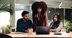 Coaching, feedback and laptop with business people in office for education or training. Collaboration, computer and review with employee team at desk in workplace for project management or update