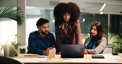 Buy stock photo Coaching, feedback and laptop with business people in office for education or training. Collaboration, computer and review with employee team at desk in workplace for project management or update