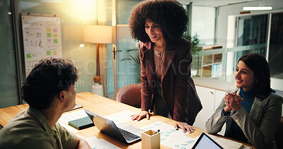 Buy stock photo Business, people and meeting on laptop at night of accounting, finance report and budget plan. Staff, team and pc to audit taxes of revenue, financial information and investment feedback of deadline