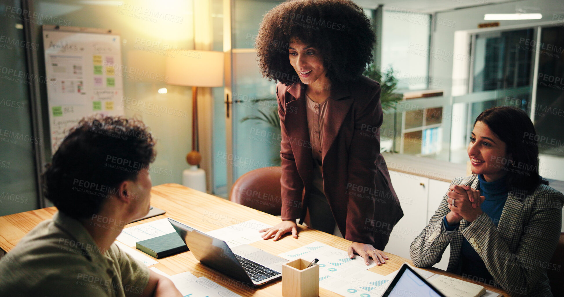 Buy stock photo Business, people and meeting on laptop at night of accounting, finance report and budget plan. Staff, team and pc to audit taxes of revenue, financial information and investment feedback of deadline