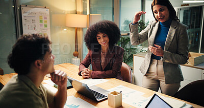 Buy stock photo Business people, night and meeting with documents for statistics, performance review or analytics. Group, employees or analyst team working late with laptop for corporate discussion on project budget