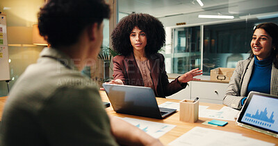 Buy stock photo Graphs, data analysis and people with laptop, discussion and report for campaign, night and planning. Working late, collaboration and group with tablet for stats, screen or meeting with documents