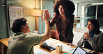 Business, people and high five in office at night of good news, celebration and finance growth. Employees, laptop and success for teamwork, profit increase and deadline achievement of investment deal