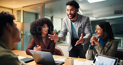 Buy stock photo Business, people and applause in office at night for good news, celebration and finance growth. Staff, laptop and clapping hands for team success, deadline achievement and feedback on investment deal