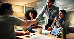 Shaking hands, deal and business people in office at night with finance statistics, graphs or team. Agreement, charts and financial manager with client for investment partnership with handshake.