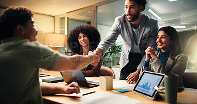 Buy stock photo Shaking hands, deal and business people in office at night with finance statistics, graphs or team. Agreement, charts and financial manager with client for investment partnership with handshake.