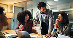 People, meeting and applause in office at night for good news, celebration and finance growth. Staff, laptop and clapping hands for team success, deadline achievement and feedback for investment deal