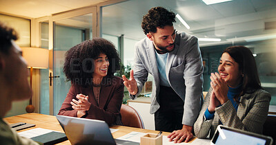 Buy stock photo People, meeting and applause in office at night for good news, celebration and finance growth. Staff, laptop and clapping hands for team success, deadline achievement and feedback for investment deal