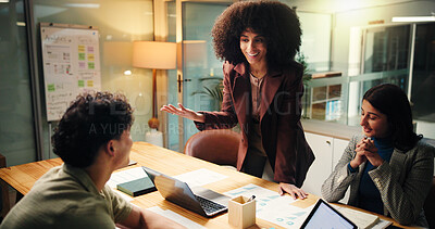 Buy stock photo Meeting, discussion and people with laptop, data analysis and report for campaign, online and night. Working late, collaboration and group with tech for stats, digital or planning with graph or chart