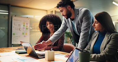 Buy stock photo People, meeting and explain on laptop at night for accounting, finance report and budget plan. Staff, team and pc to audit taxes of revenue, financial information and investment feedback of deadline
