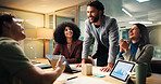 Happy, people and applause in office at night for good news, profit graphs and finance growth. Staff, laptop and clapping hands for team success, deadline achievement and feedback for investment deal