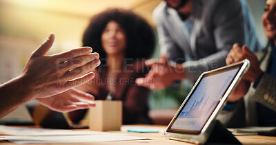 Buy stock photo Business people, hands and night with tablet or applause for team performance or revenue in office. Group, employees or analyst clapping with technology, graph or screen for statistics or success