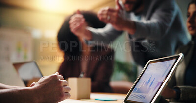 Buy stock photo Hands, tablet screen and business person with graphs, charts and financial metrics at night. Technology, data and worker in office for investment analytics, kpi research and team meeting on overtime
