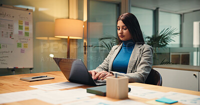 Buy stock photo Laptop, night and report with business woman in office for finance, investment or review deadline. Accounting, computer and financial feedback with Indian employee at desk in workplace for planning