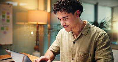 Buy stock photo Laptop, research and smile with business man in office for project manager, schedule and media marketing. Engagement analyst, planning and online review with person in creative agency for branding