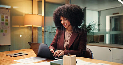 Buy stock photo Business, woman and laptop in office at night for accounting, finance report and budget review. Accountant, pc and taxes audit with update revenue, financial information and deadline for investment