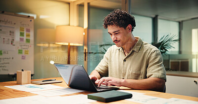 Buy stock photo Business, man and laptop in office at night of accounting, finance report and budget review. Accountant, pc and taxes audit to update revenue, financial information and investment  agenda of deadline