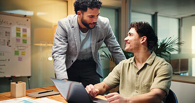 Buy stock photo Business, men and meeting on laptop at night for accounting, finance report and budget plan. People, team and pc to audit taxes for revenue, financial information and investment feedback of deadline