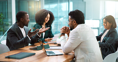 Buy stock photo Meeting, laptop and business people in office for collaboration with finance budget planning. Discussion, corporate and team of financial managers with review for investment proposal in workplace.